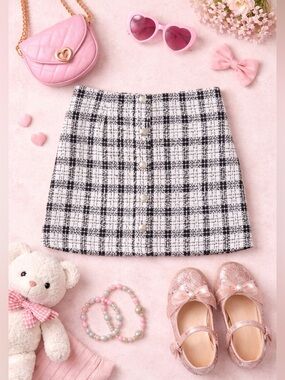 Forever 21 Girls Black White Tweed Plaid Mini Skirt Button Front‎ Size 13/14 NWT